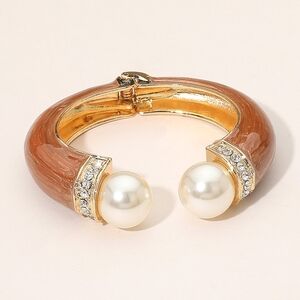 Brown Gold Pearl Tip Enamel Cuff Hinged Bracelet Fashion Statement Accessory